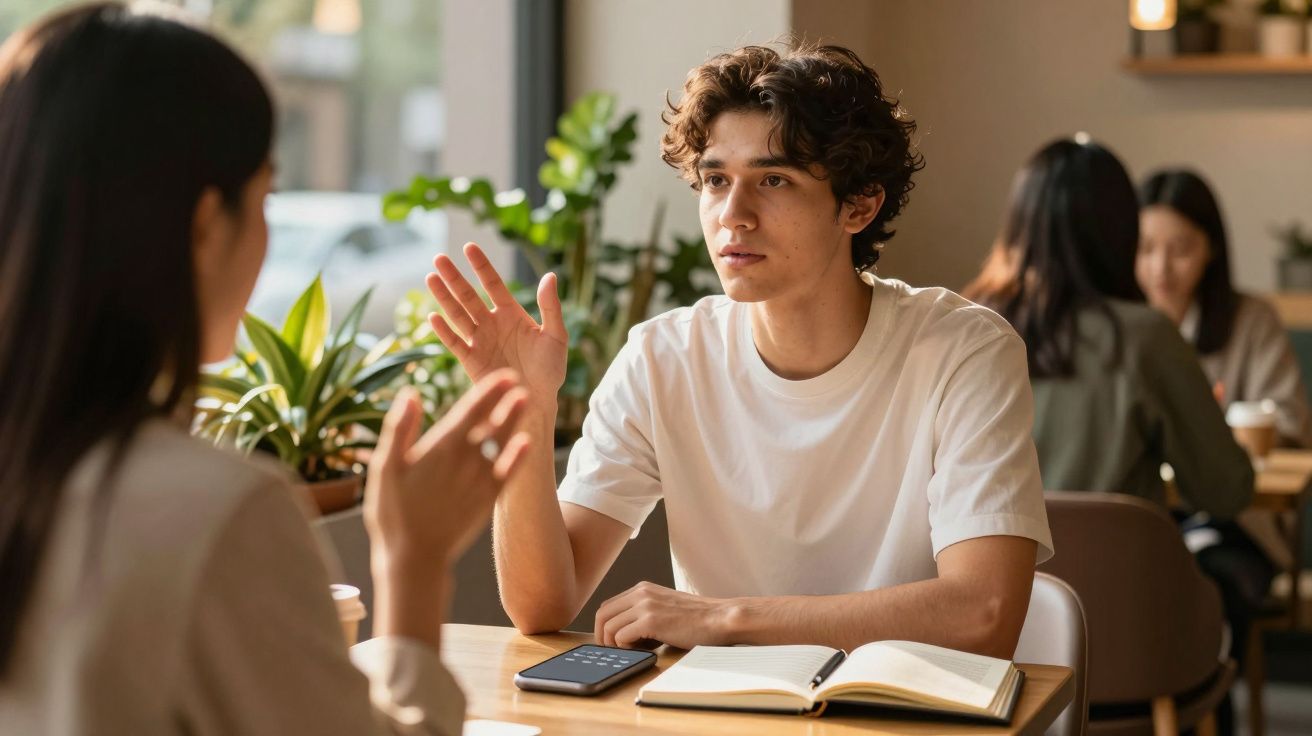 Dois jovens conversam enquanto sentados numa mesa de café, com um caderno e telemóvel à frente.