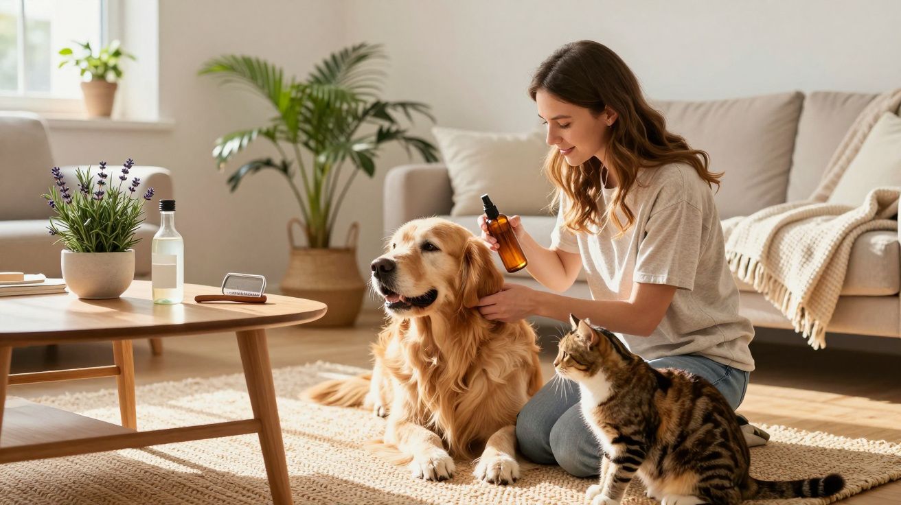 Mulher a cuidar de um cão golden retriever e de um gato dentro de uma sala iluminada e acolhedora.