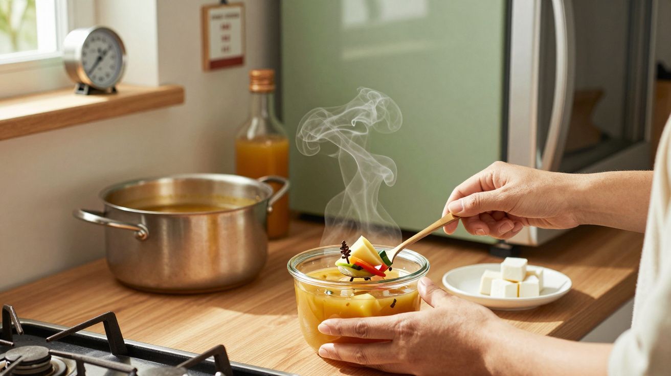 Mãos a mexer sopa quente fumegante num recipiente de vidro numa cozinha com fogão e tacho ao fundo.