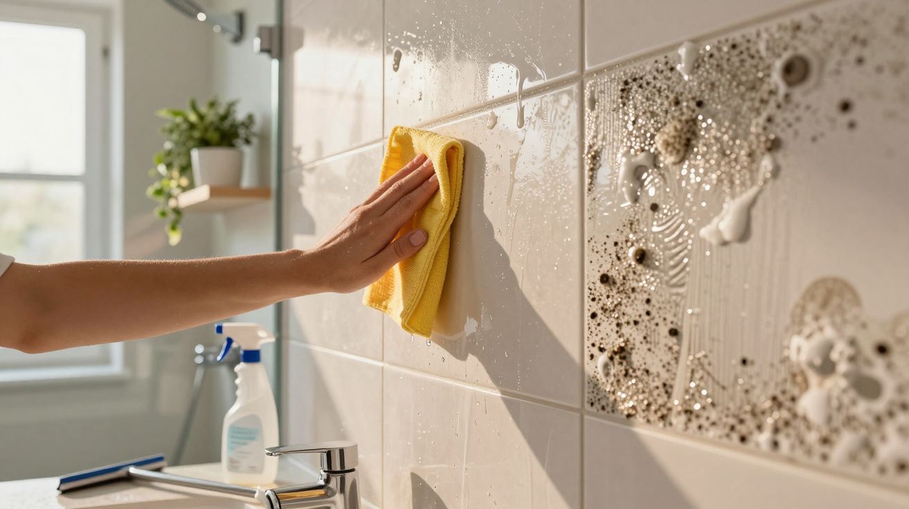 Mão a limpar azulejos brancos de casa de banho com pano amarelo e spray de limpeza ao fundo.