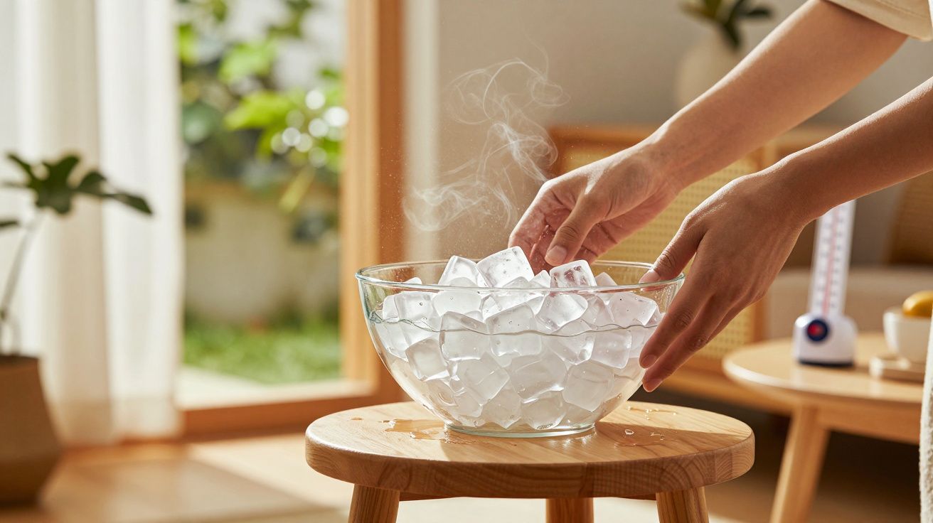 Mãos seguram uma taça de vidro cheia de cubos de gelo num ambiente interior iluminado pela luz natural.