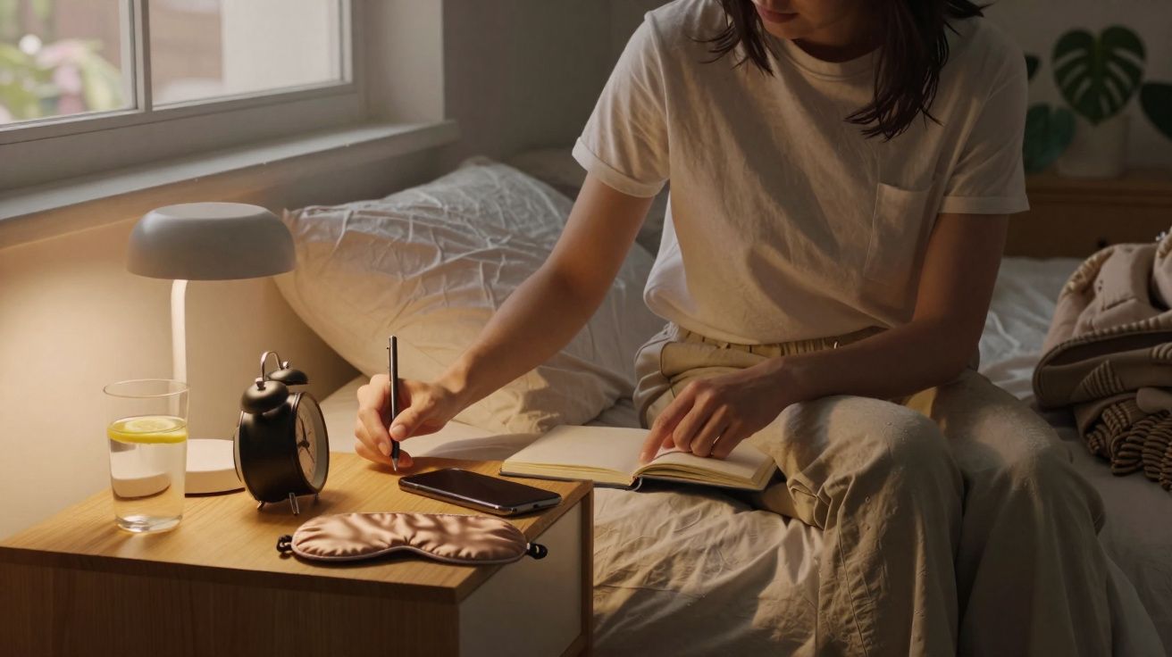 Pessoa sentada na cama a escrever num caderno, com mesa de cabeceira iluminada e despertador preto.