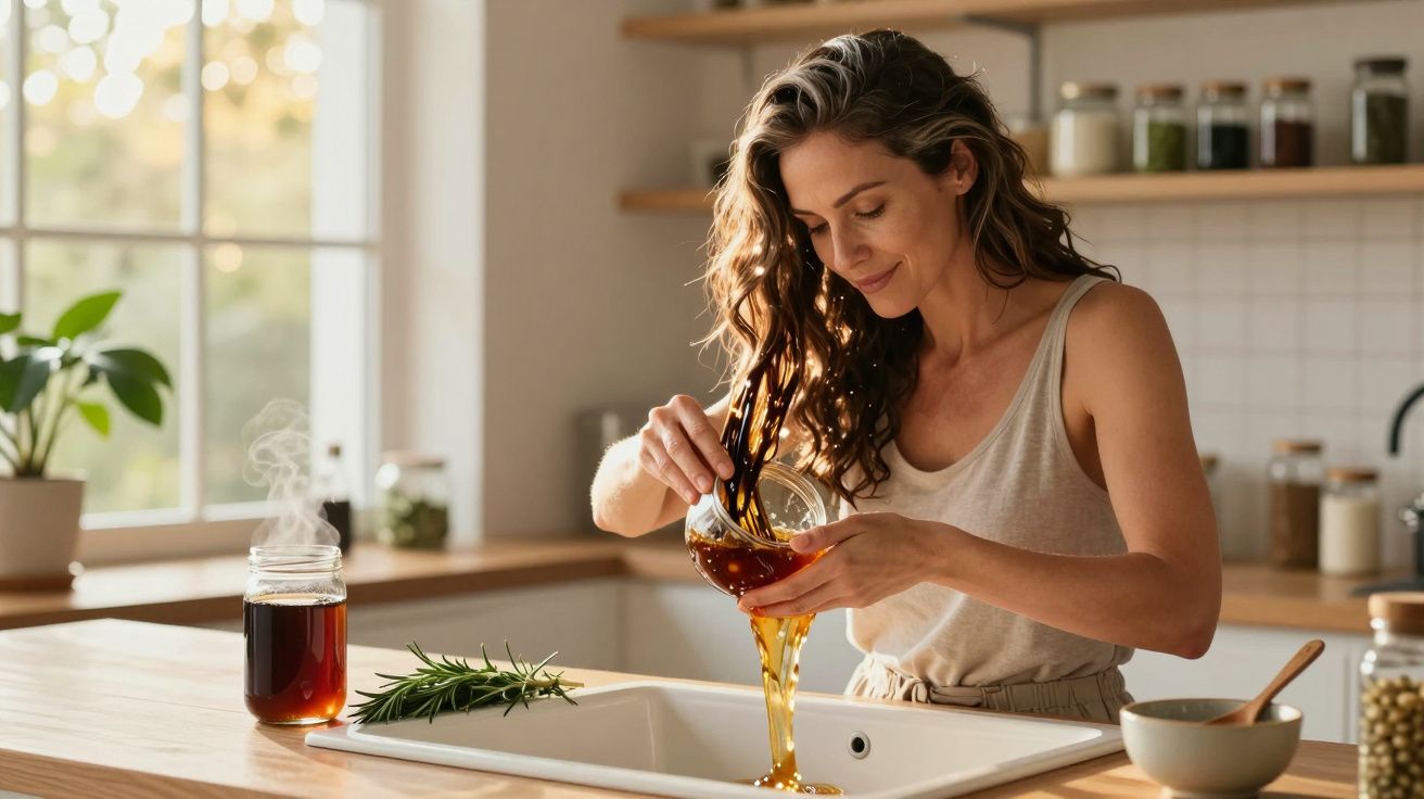 Mulher a lavar fava tonka derretida numa cozinha luminosa e moderna, com jarra de mel quente ao lado.