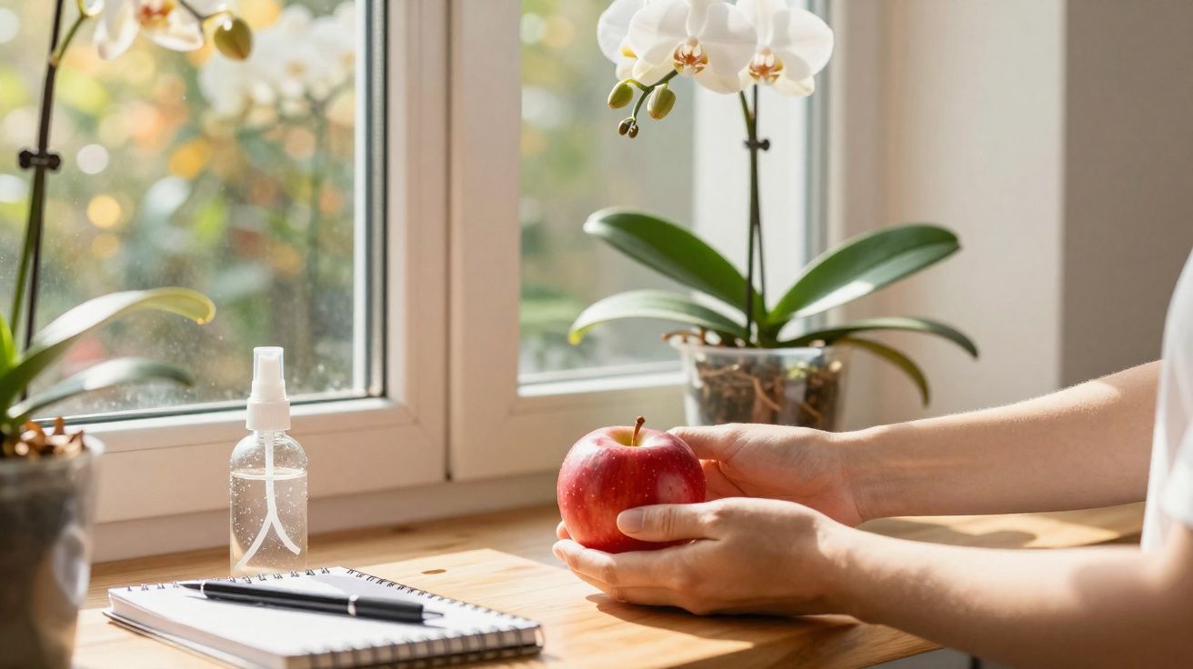 Mãos a segurar uma maçã vermelha numa mesa de madeira com caderno, caneta, spray e orquídeas junto à janela.