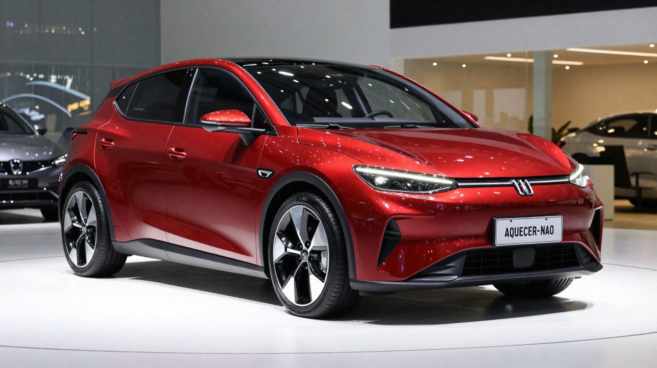 Carro elétrico compacto vermelho exposto em stand, com design moderno e jantes aerodinâmicas.