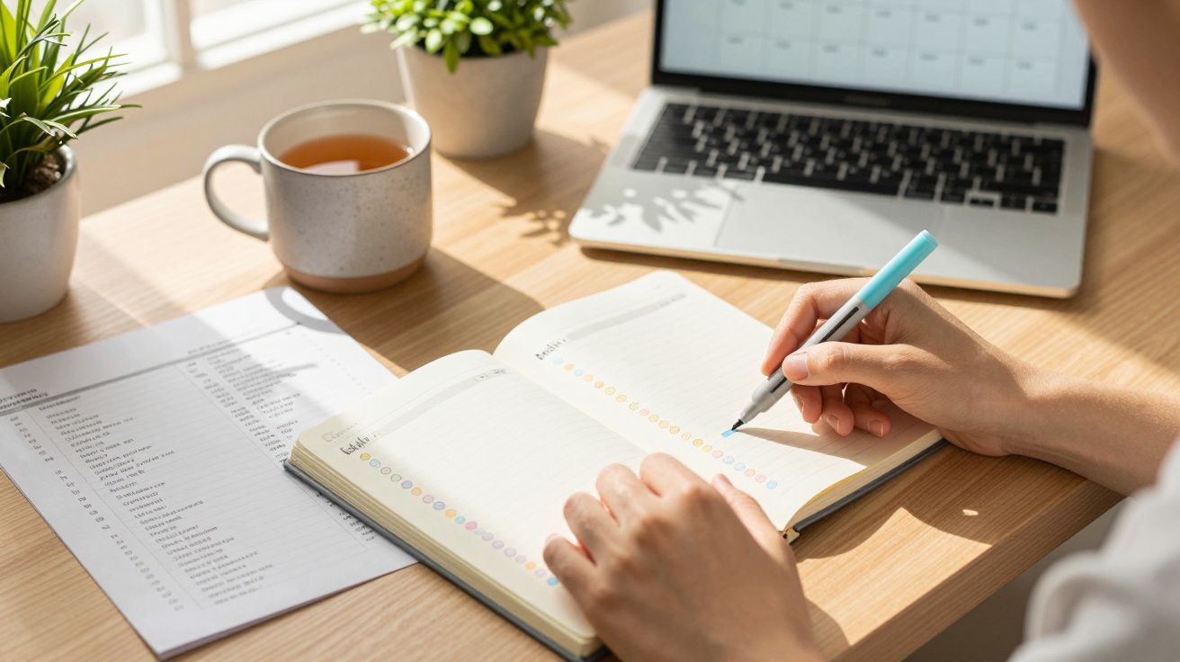 Pessoa a escrever num caderno numa secretária com computador portátil, chá e plantas em vaso.