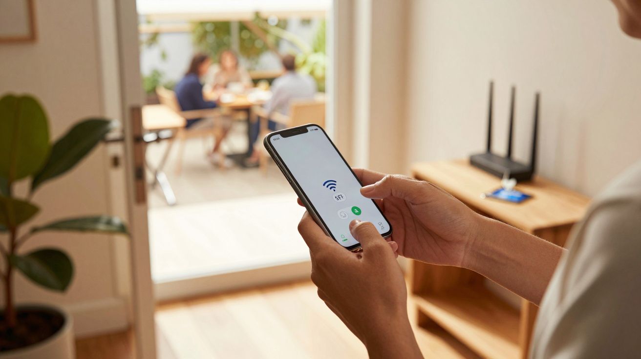 Pessoa a controlar ligação Wi-Fi em smartphone com grupo de pessoas a conversar ao fundo numa sala iluminada.