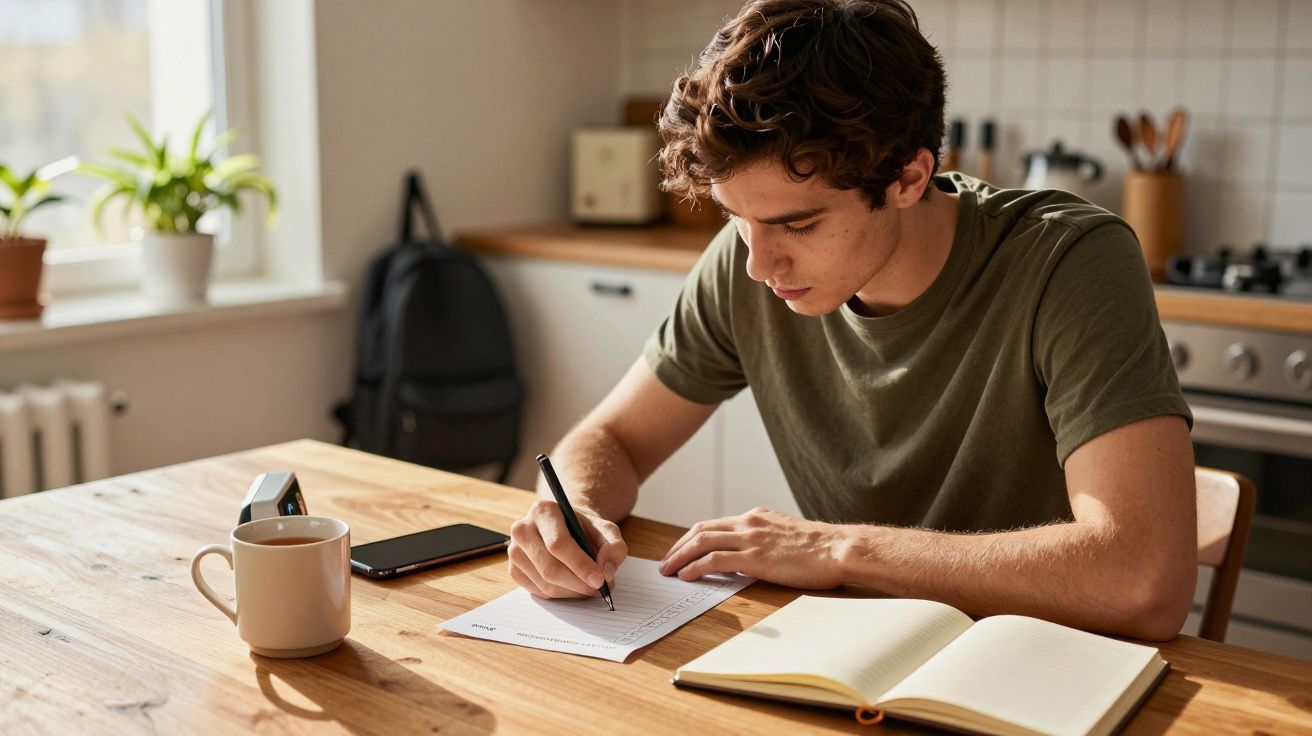Jovem sentado à mesa a escrever num bloco de notas numa cozinha iluminada durante o dia.