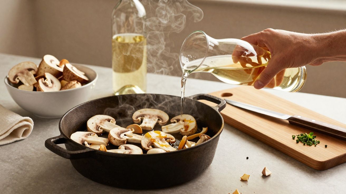 Mão a deitar azeite numa frigideira com cogumelos a cozinhar, ao lado tábua com faca e ervas.