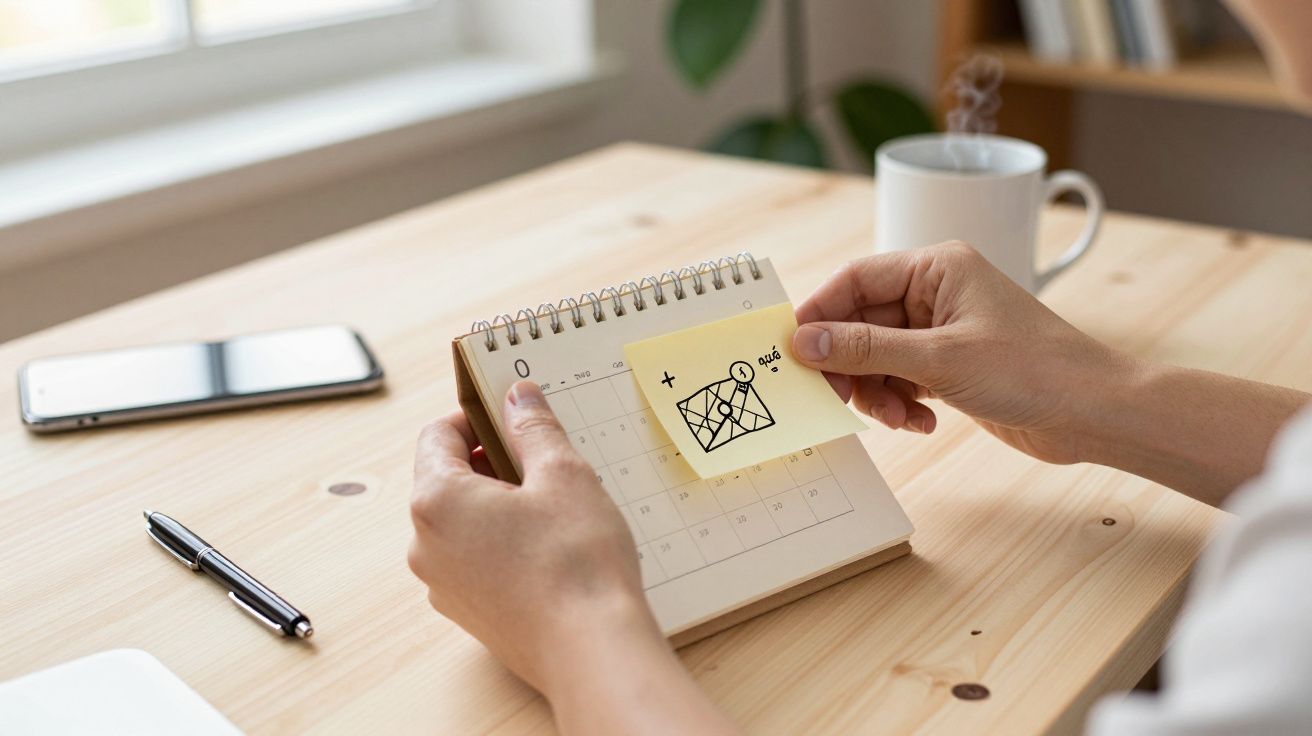 Pessoa a colocar um post-it com um ícone de localização num calendário de secretária.