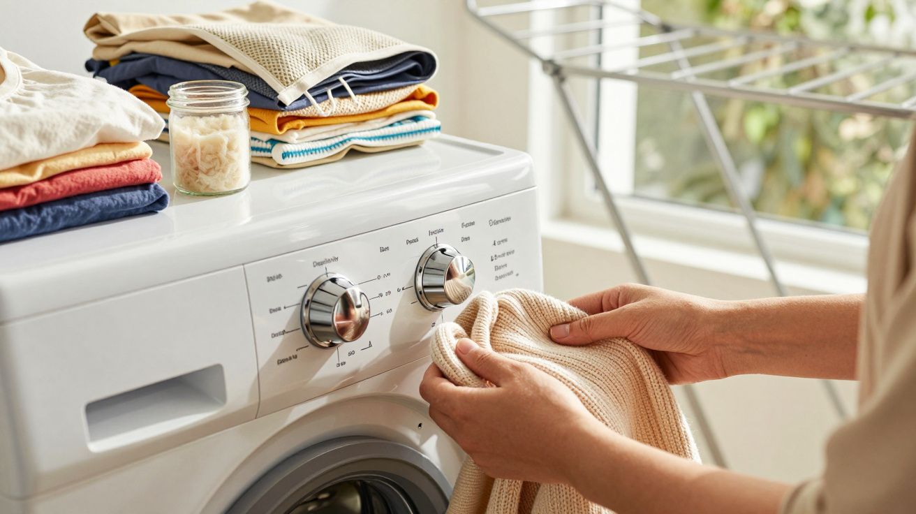 Mãos a coçar uma camisola junto a máquina de lavar roupas, com roupa dobrada e frasco no topo.
