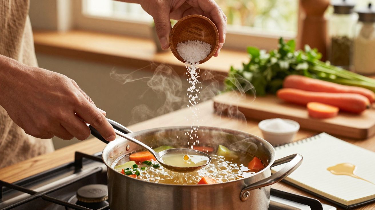 Pessoa a temperar uma panela de sopa com sal, ingredientes frescos e legumes ao fundo na cozinha.