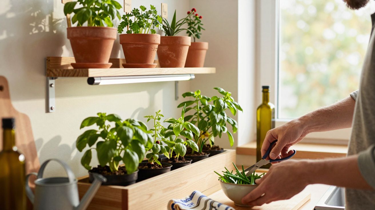 Mãos a cortar ervas frescas em vaso na cozinha luminosa com plantas em vasos de barro na prateleira.