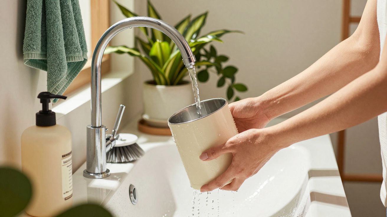 Mãos a encher um copo branco com água num lavatório branco com torneira metálica, toalha verde e plantas ao fundo.
