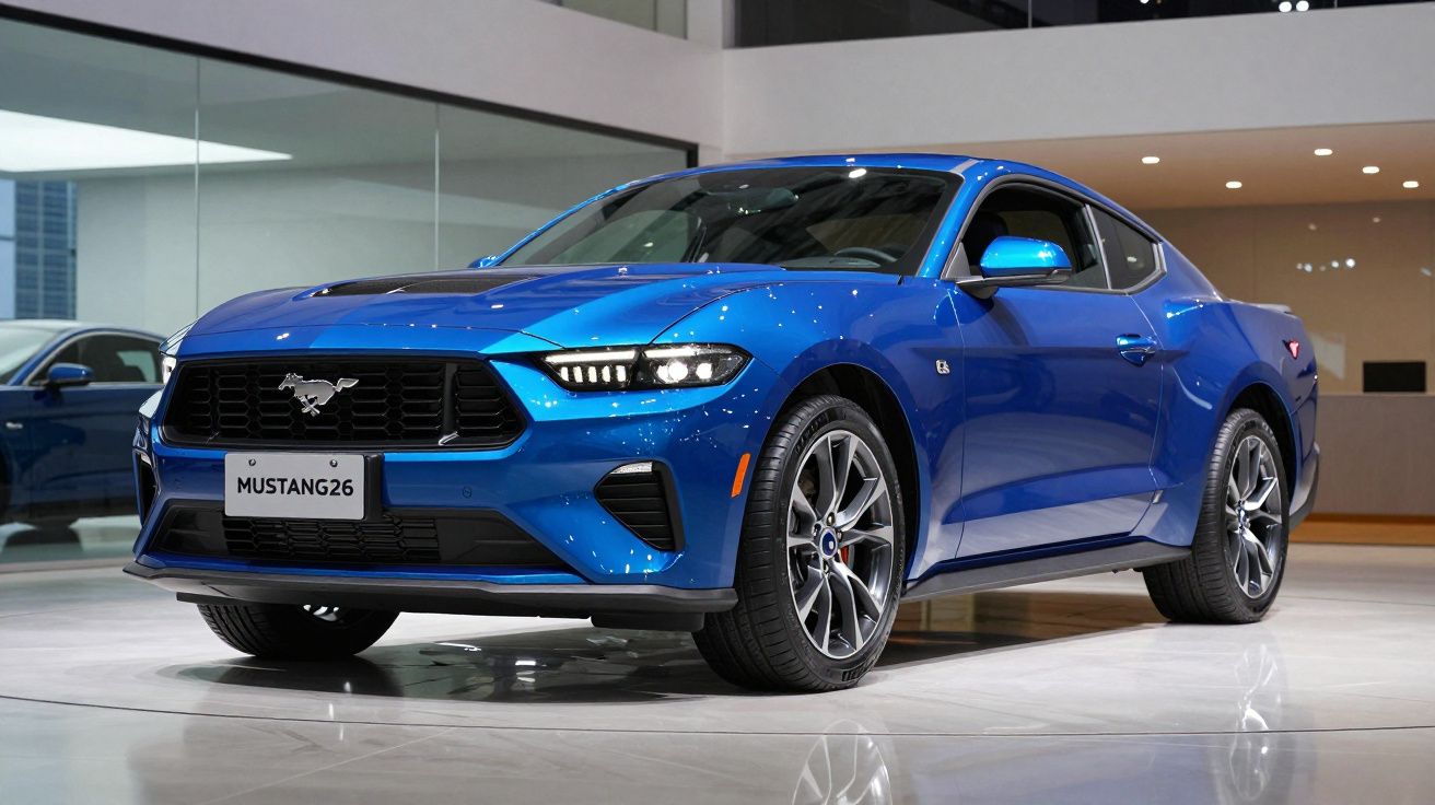 Carro desportivo azul Ford Mustang estacionado em exposição interior moderna.