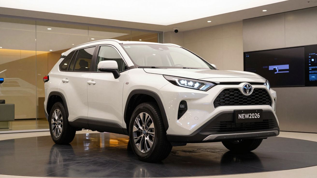 SUV branco Toyota novo modelo 2026 em exposição no interior de salão moderno.