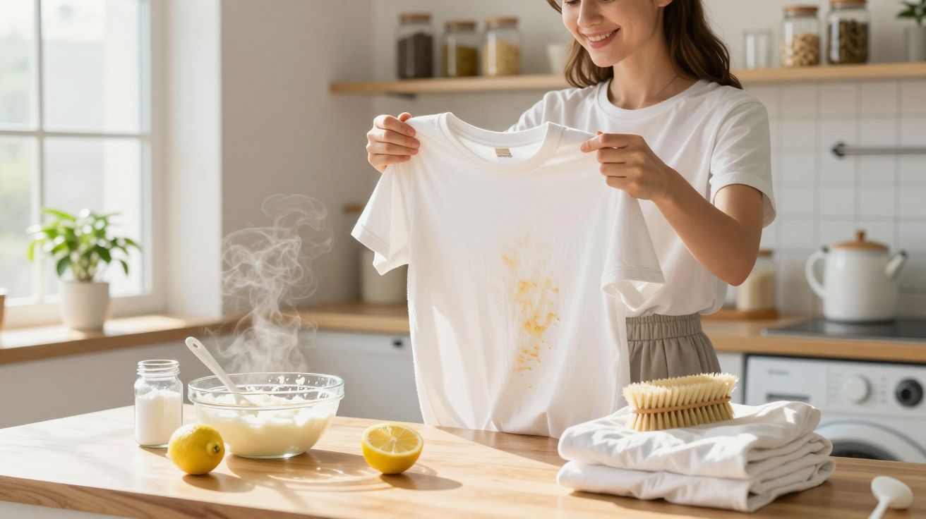 Mulher mostra t-shirt branca manchada junto a ingredientes e utensílios para limpeza numa cozinha iluminada.