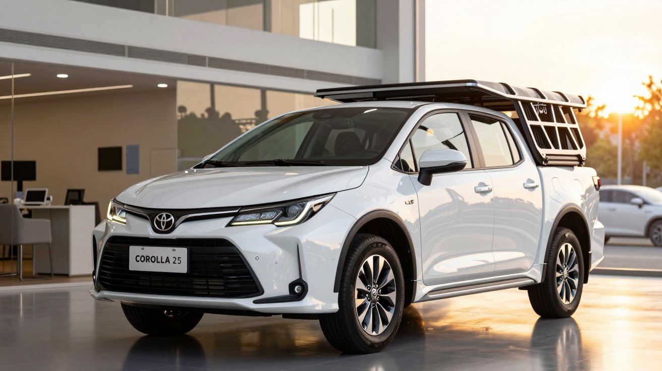 Toyota Corolla 25 pick-up branco estacionado em salão moderno com estrutura preta na traseira.