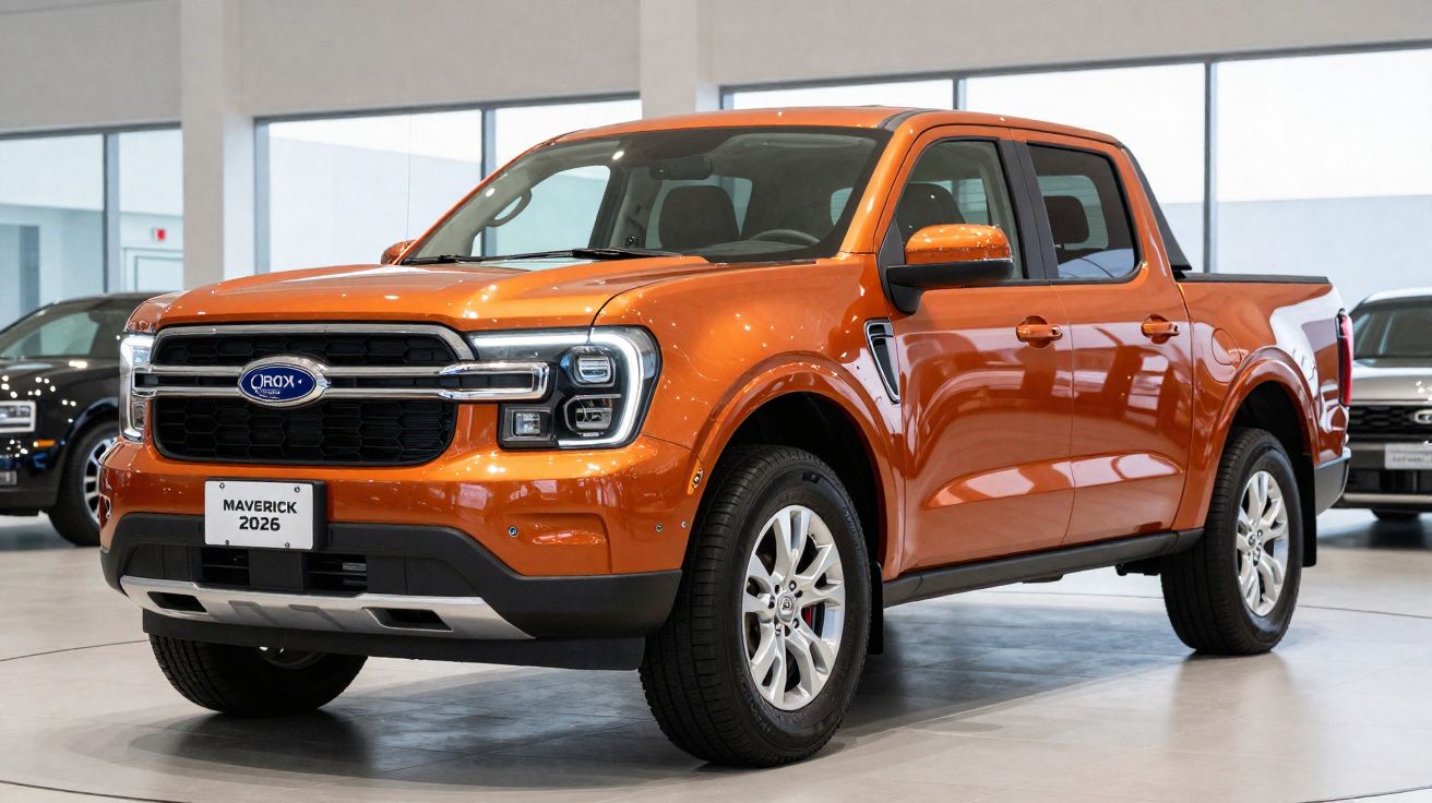 Pick-up Ford Maverick 2026 cor laranja em exposição numa garagem moderna e bem iluminada.