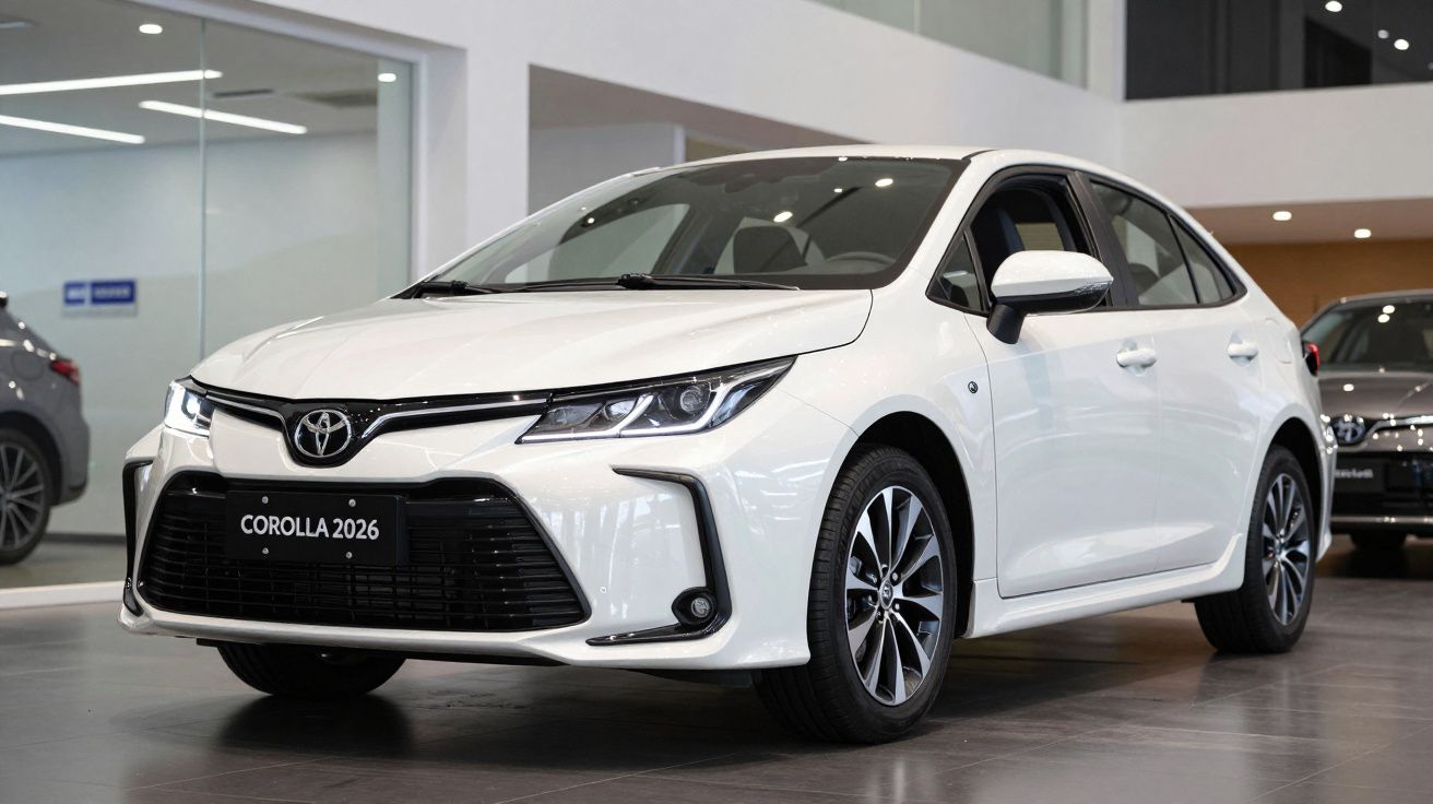 Toyota Corolla 2026 branco estacionado em showroom moderno com chão cinzento e iluminação interior.