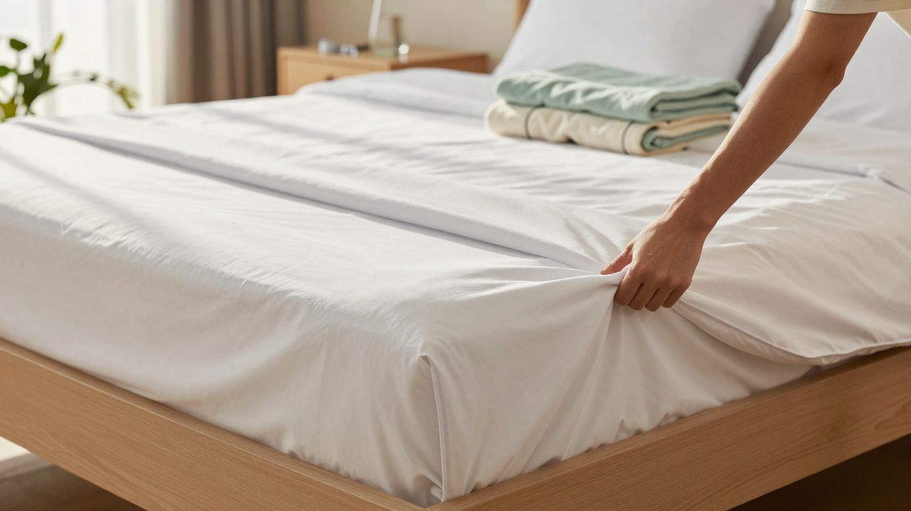 Pessoa a esticar lençol branco numa cama de madeira com almofadas e cobertores ao fundo.
