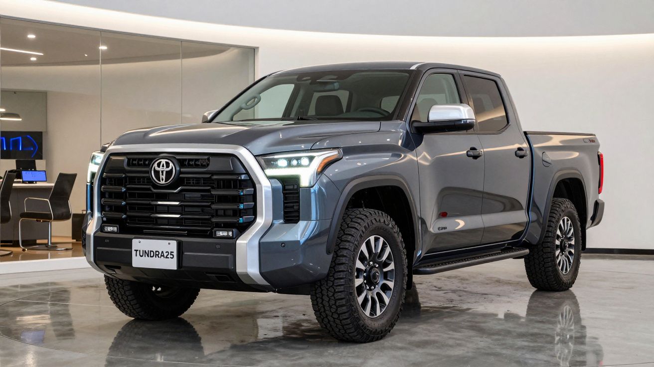Pick-up Toyota Tundra cinzenta estacionada em showroom com piso brilhante e paredes claras.