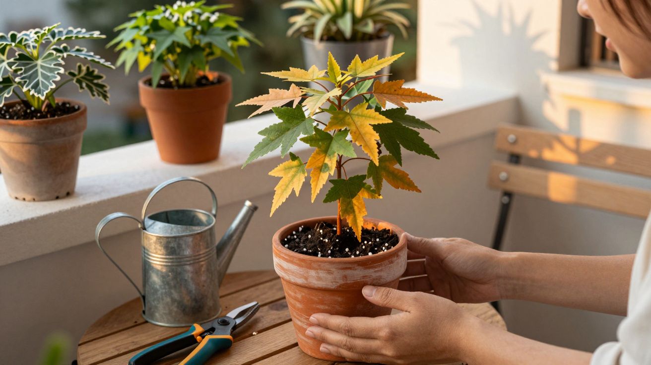 Mãos a segurar vaso de barro com planta de folhas verdes e amarelas numa varanda com outras plantas.