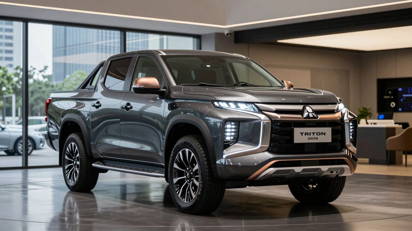 Pick-up Mitsubishi Triton 2026 cinza escuro com detalhes em bronze, em showroom moderno com pavimento refletor.