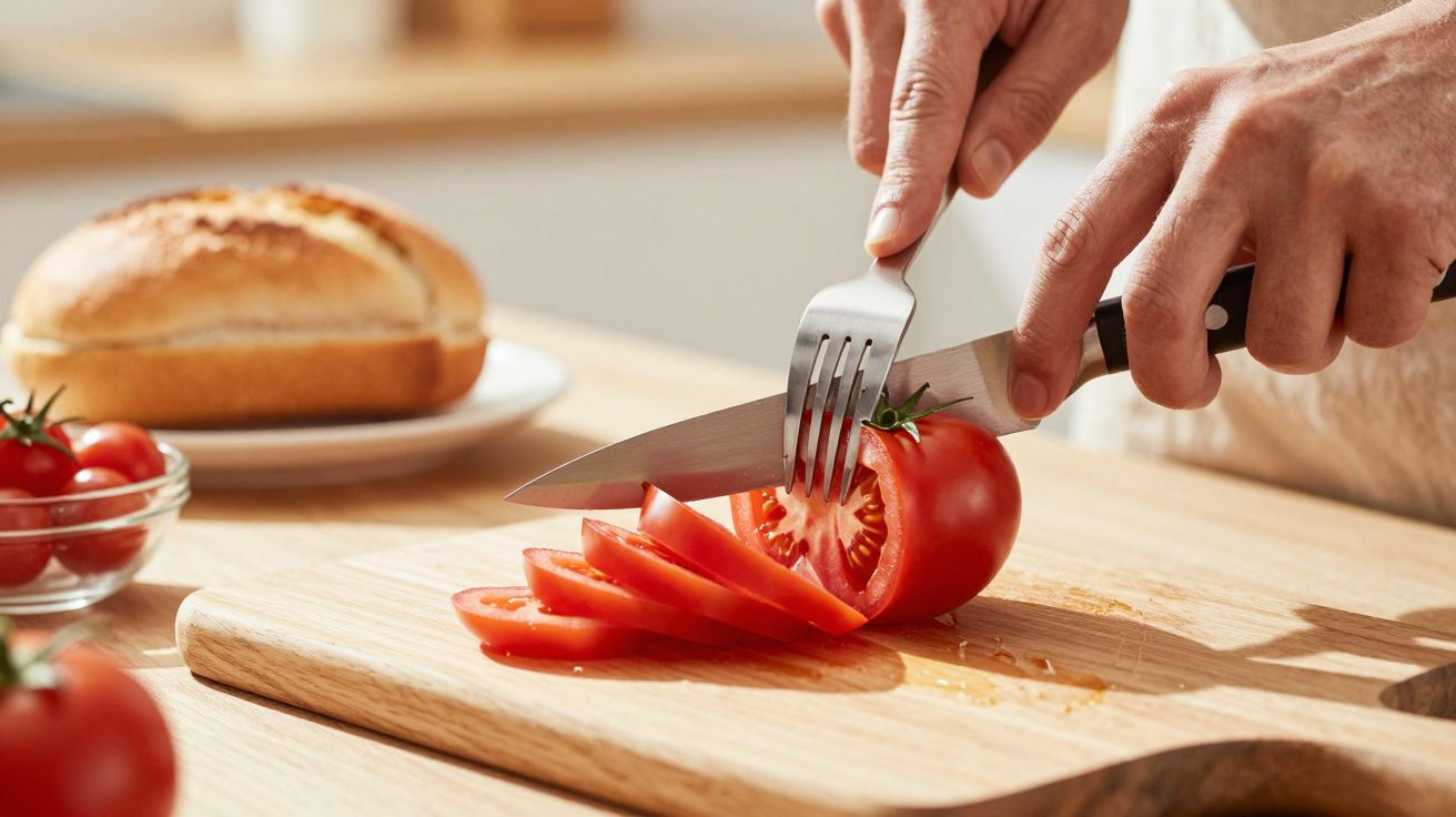 Mãos a cortar um tomate maduro em fatias numa tábua de madeira, com pão e tomates cherry ao fundo.