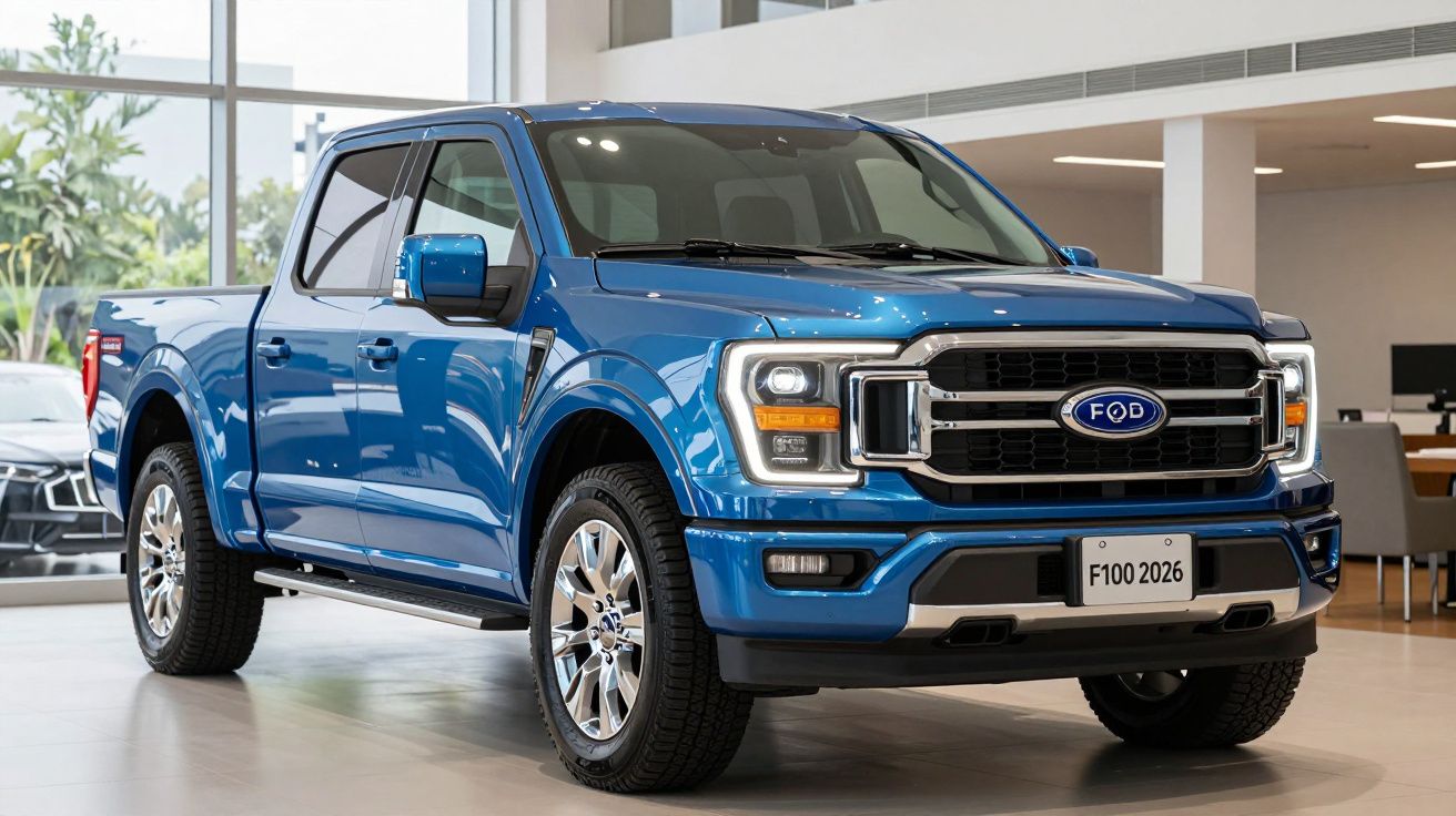 Pick-up azul brilhante em exposição numa sala moderna, com faróis ligados e rodas prateadas.