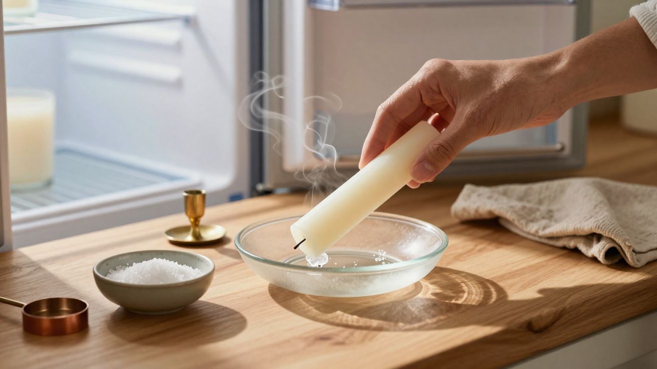 Mão a apagar uma vela branca num recipiente de vidro sobre uma mesa de madeira com sal num prato.