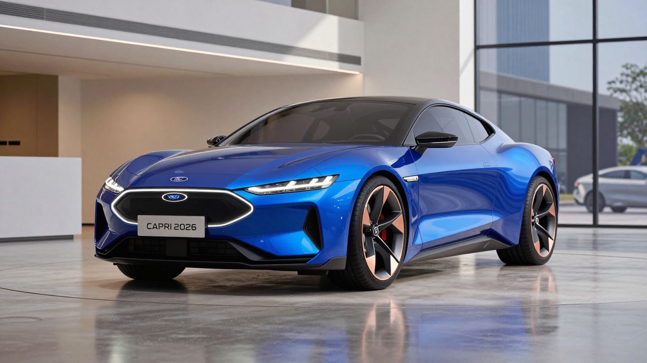 Carro desportivo elétrico azul Ford Capri 2026 estacionado em espaço interior moderno.