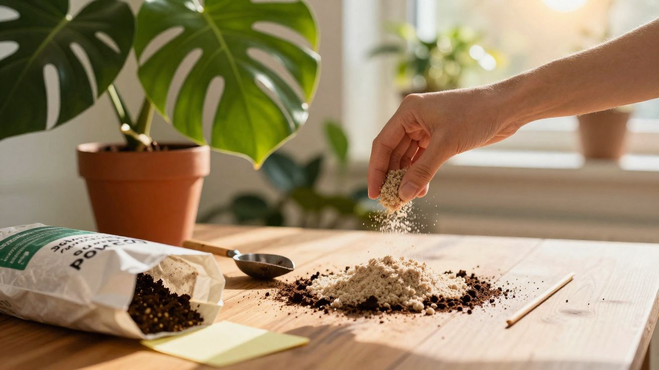 Mão masculina polvilhando substrato sobre terra em mesa de madeira com planta em vaso ao fundo.