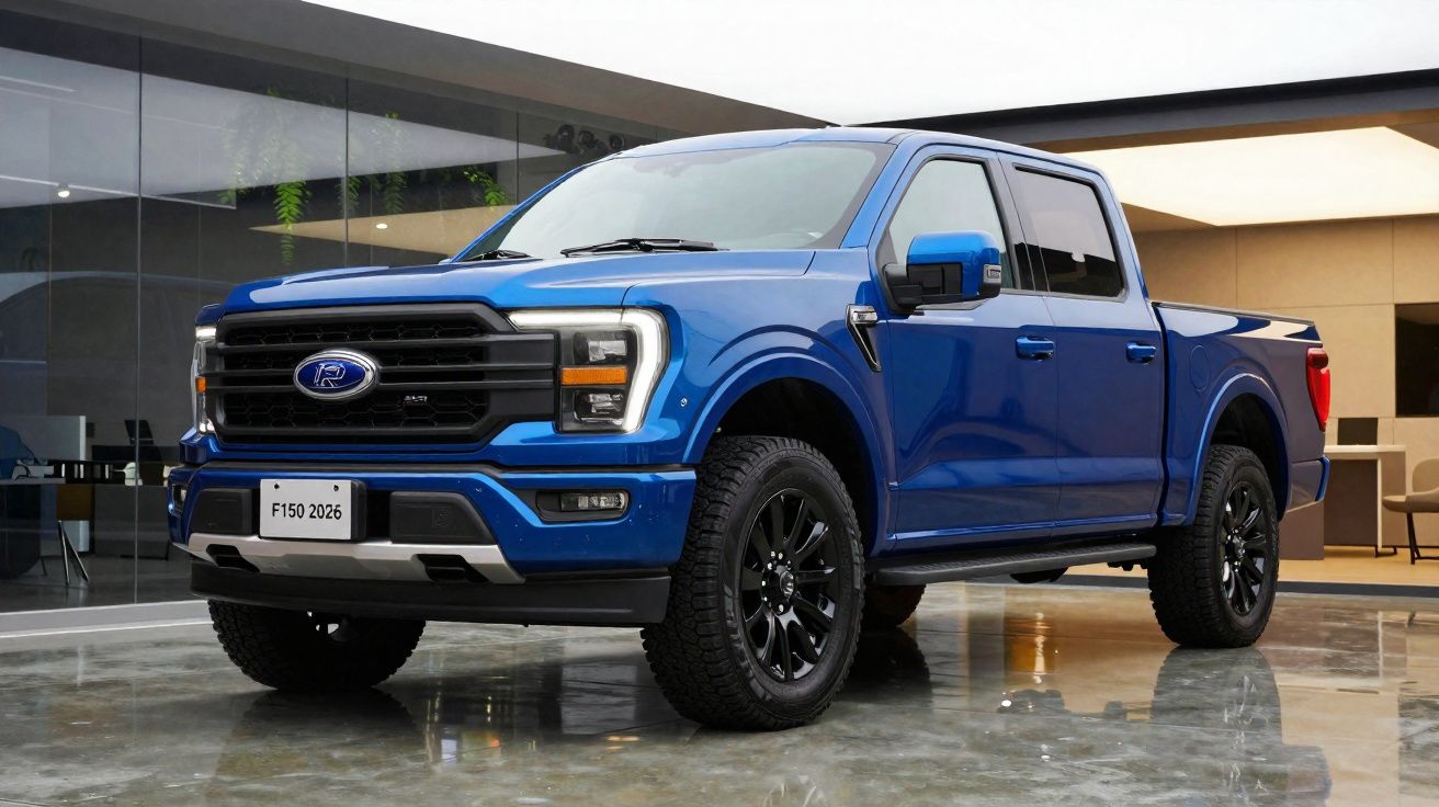 Pick-up Ford F-150 azul, modelo 2026, em exposição numa sala moderna com chão refletor.