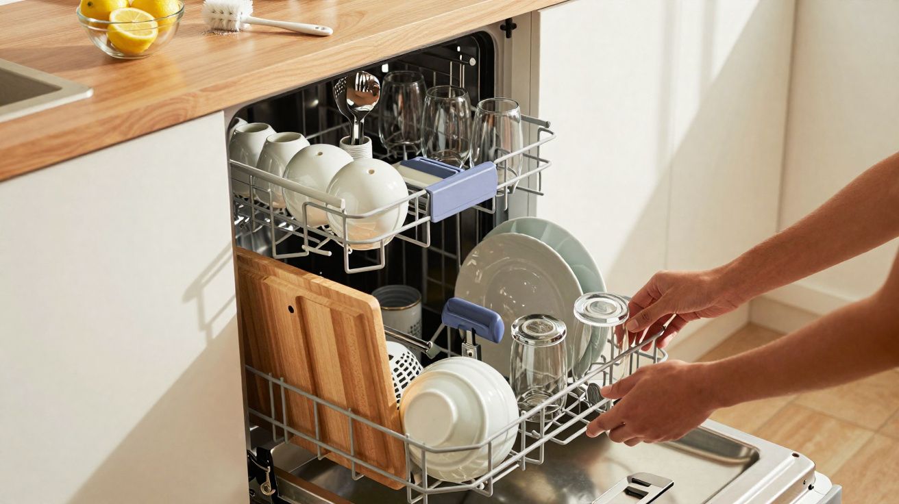 Máquina de lavar loiça aberta com mãos a colocar copos e pratos limpos numa cozinha moderna.
