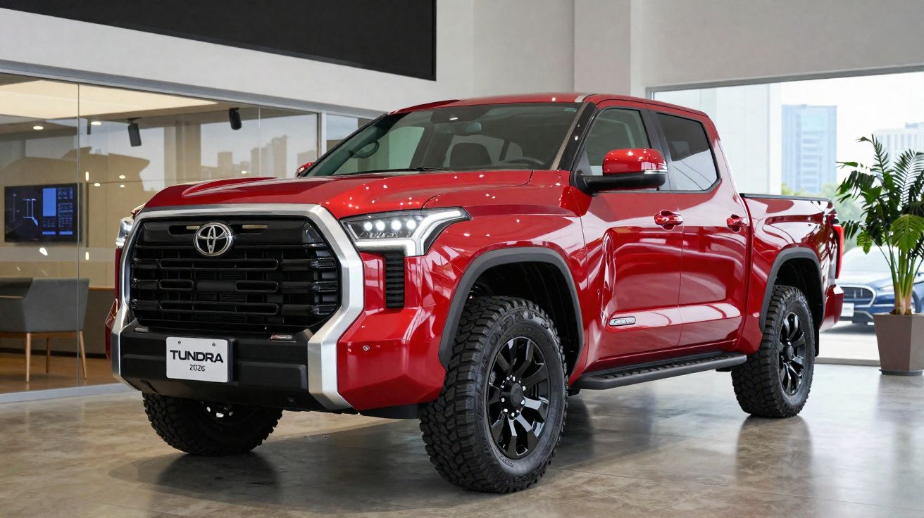 Picape Toyota Tundra 2023 vermelha estacionada em showroom moderno com paredes de vidro e planta decorativa.
