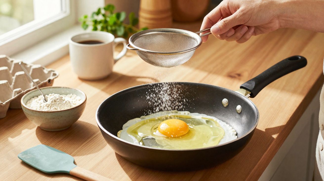 Pessoa a salpicar farinha sobre um ovo numa frigideira numa cozinha iluminada pela luz natural.