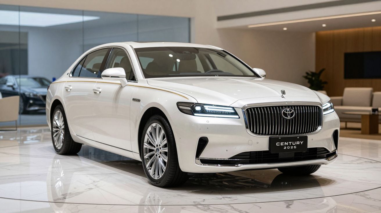 Carro branco Toyota Century 2025 numa sala moderna com chão e paredes claras.