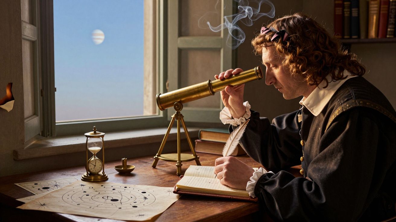 Homem histórico observa planeta com telescópio numa mesa com mapas, ampulheta e livro aberto.