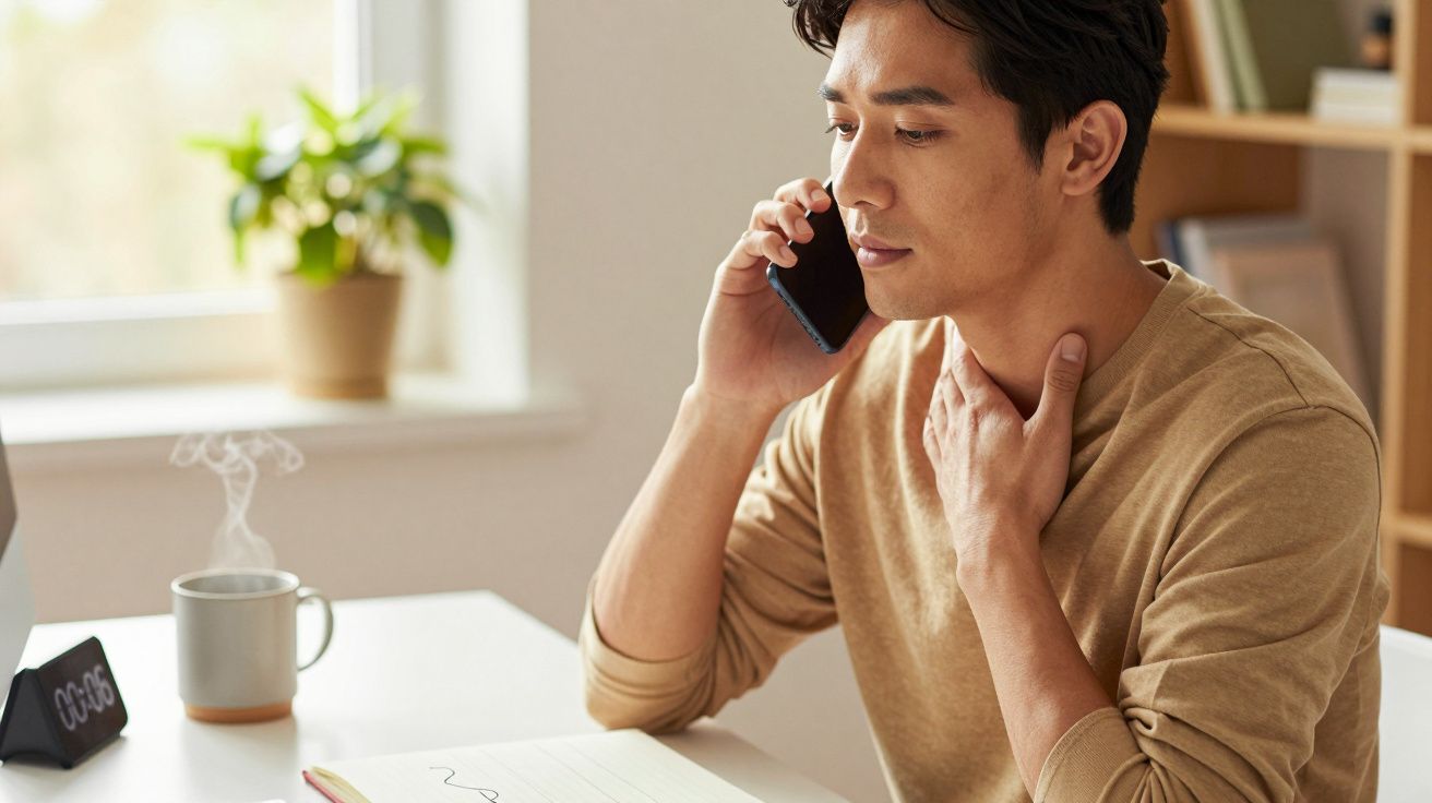 Homem sentado na secretária, a falar ao telemóvel e a tocar no pescoço, com chá quente e caderno à frente.
