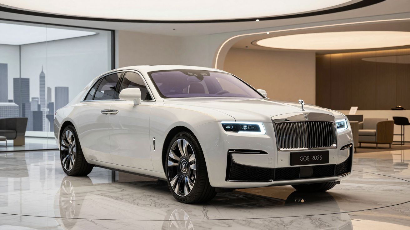 Carro de luxo branco Rolls-Royce num showroom moderno com chão de mármore e iluminação elegante.