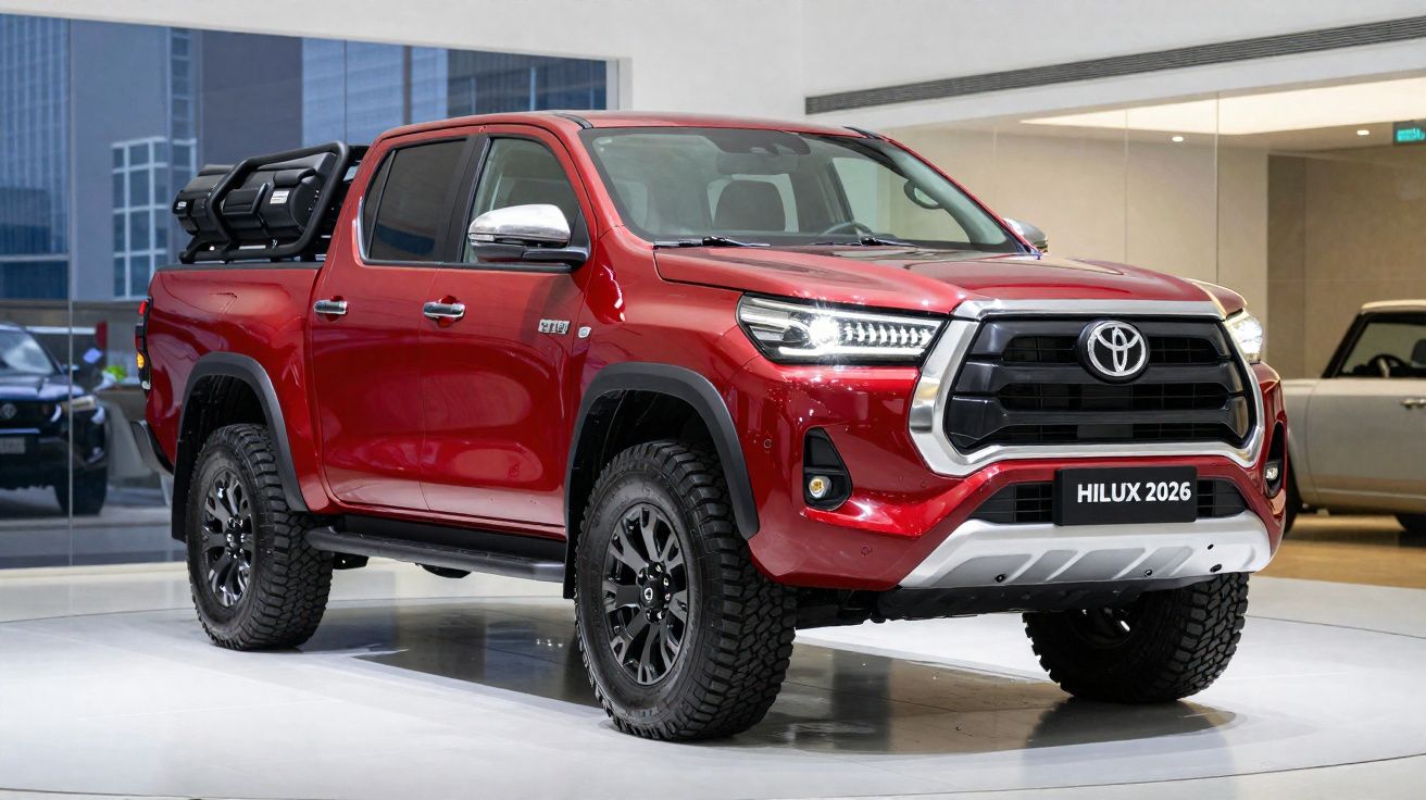 Pick-up Toyota Hilux vermelha 2026 em exposição interior com pneus grossos e detalhes prateados.