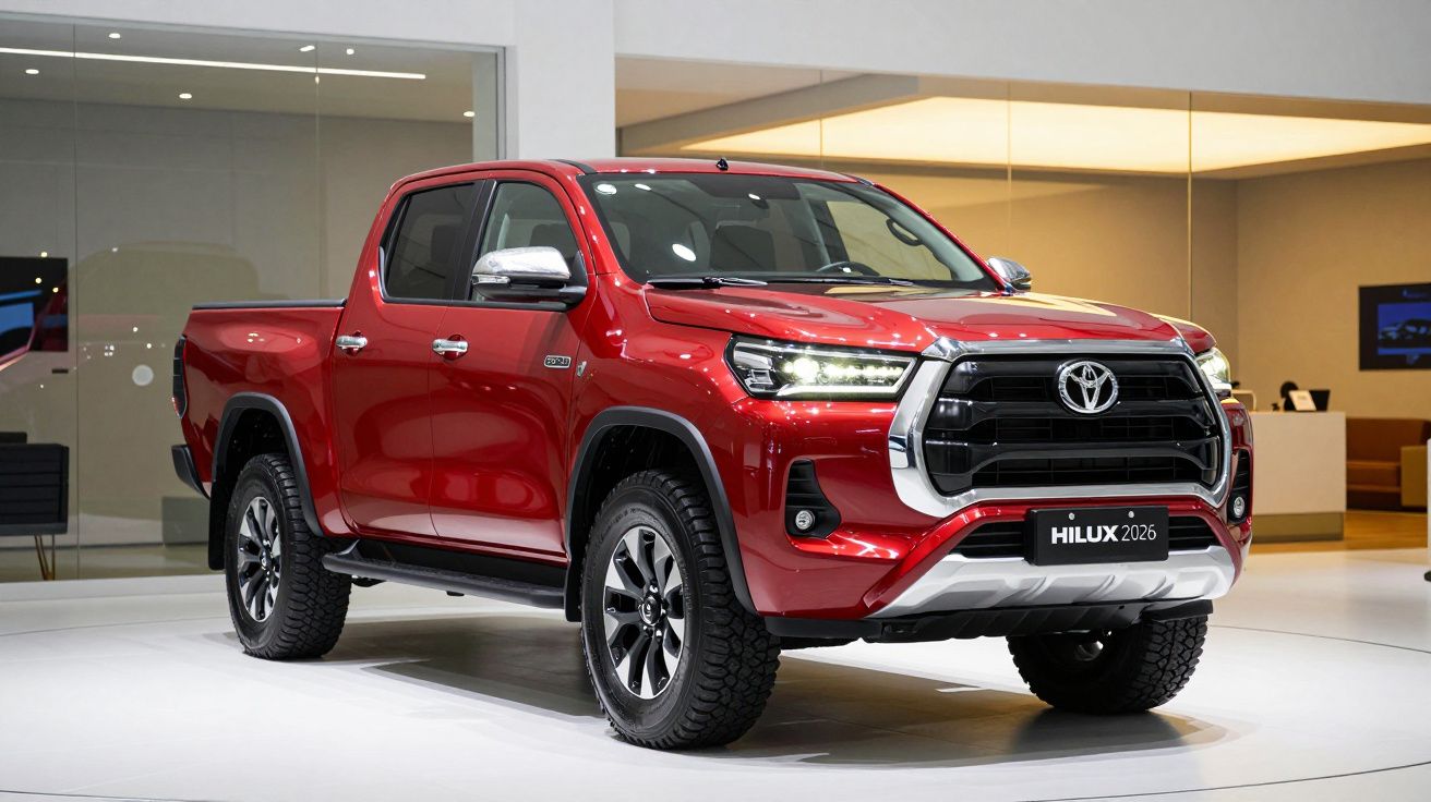 Pick-up Toyota Hilux 2026 vermelha exposta em salão moderno e iluminado.