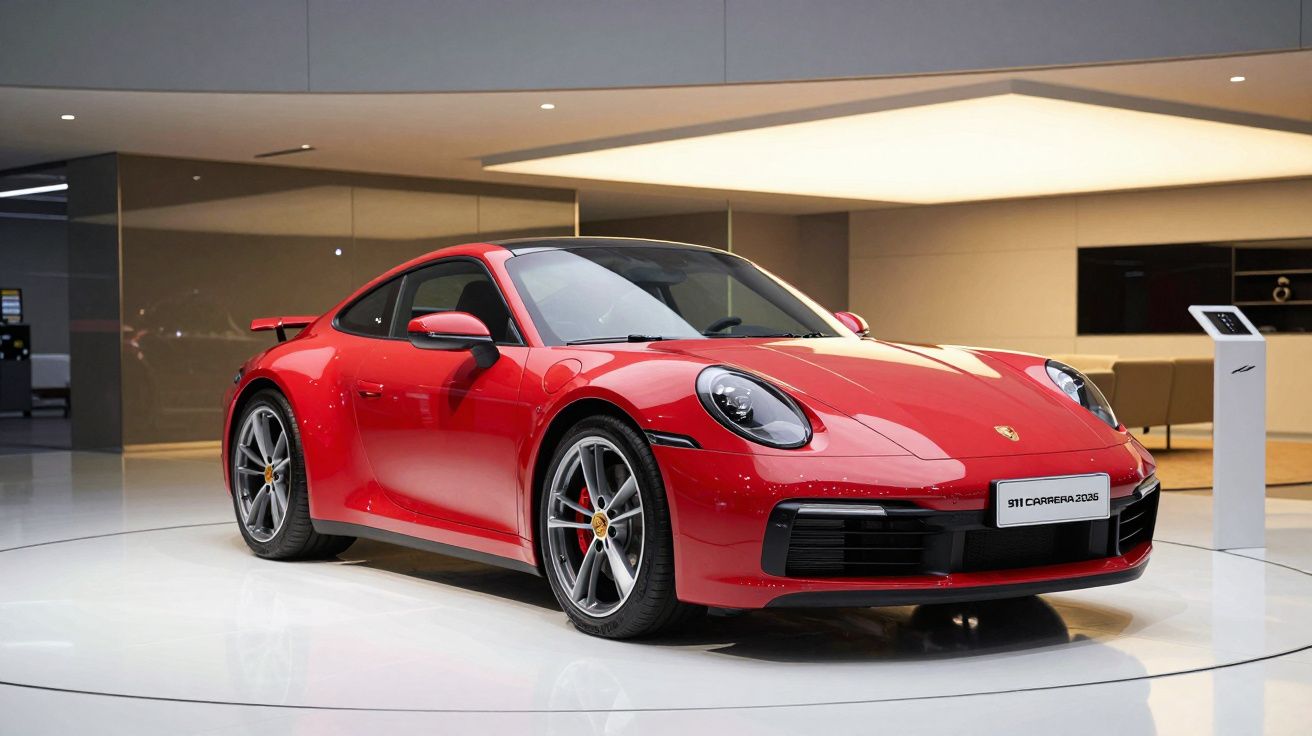 Carro desportivo vermelho Porsche 911 Carrera 2023 exposto num espaço interior moderno e iluminado.