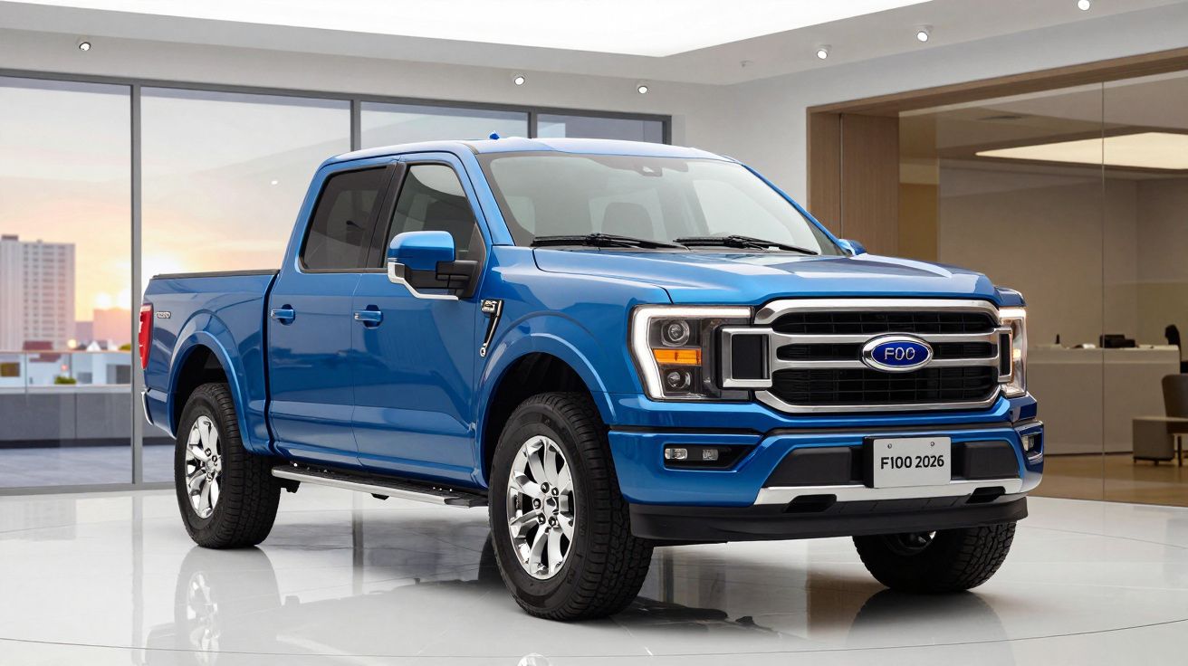 Picape azul F100 2026 exibida num showroom moderno com grandes janelas e chão branco brilhante.
