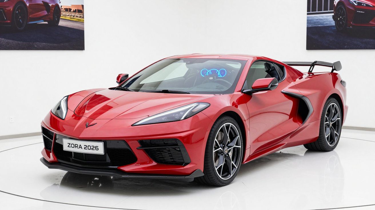Carro desportivo vermelho Zora 2026 em exposição num espaço branco e minimalista.