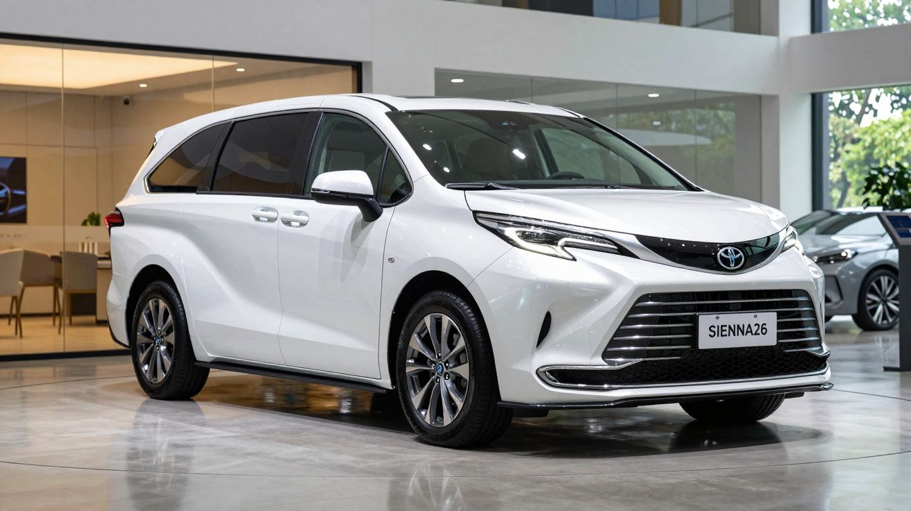 Carro Toyota Sienna branco moderno estacionado em showroom com chão refletor e paredes de vidro.