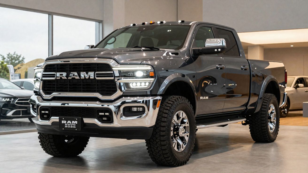 Picape preta RAM 2023 exibida em showroom moderno com luzes ligadas e design robusto.