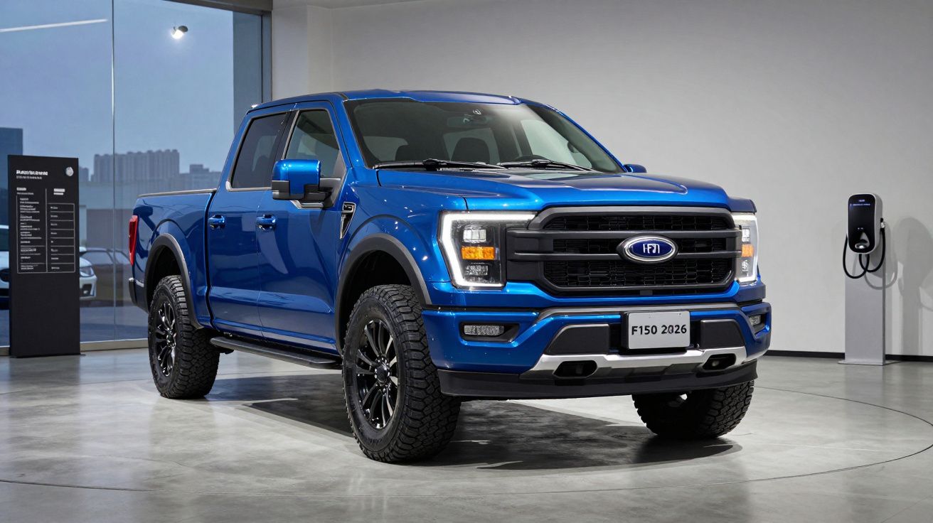 Picape azul Ford F150 2026 em exposição numa sala moderna com carregador elétrico na parede.