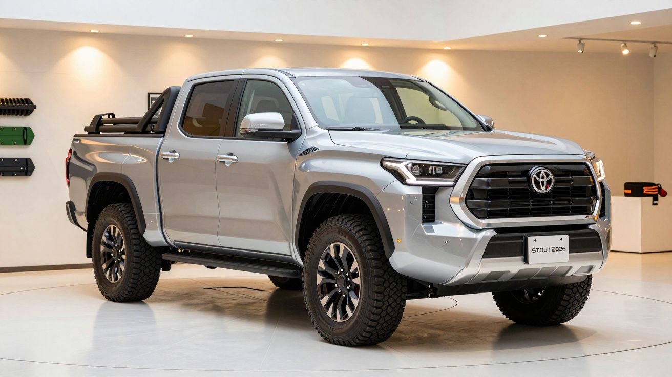 Picape Toyota prata modelo Stout 2026 exibida em showroom bem iluminado.